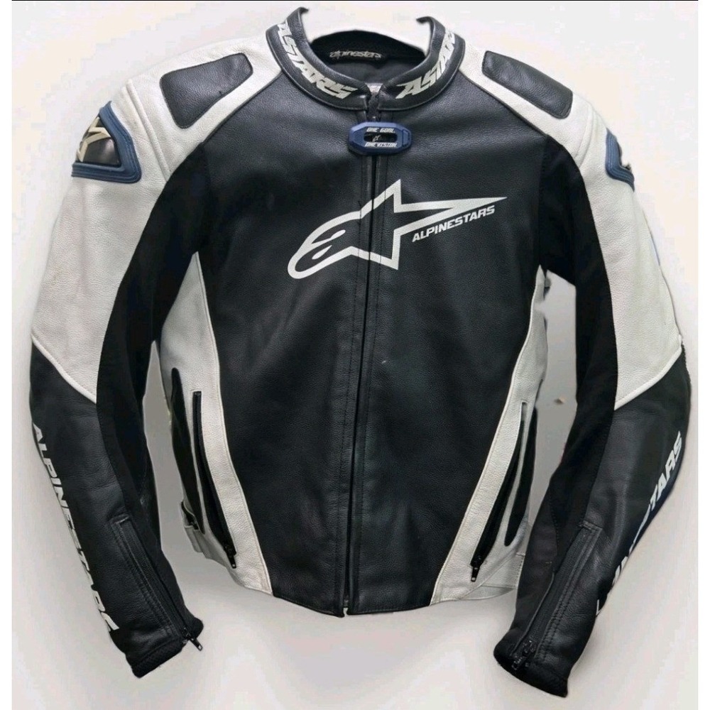 Alpinestars Leather Motorcycle Racing Jacket Black White Blue Mens 40 US 50 EU